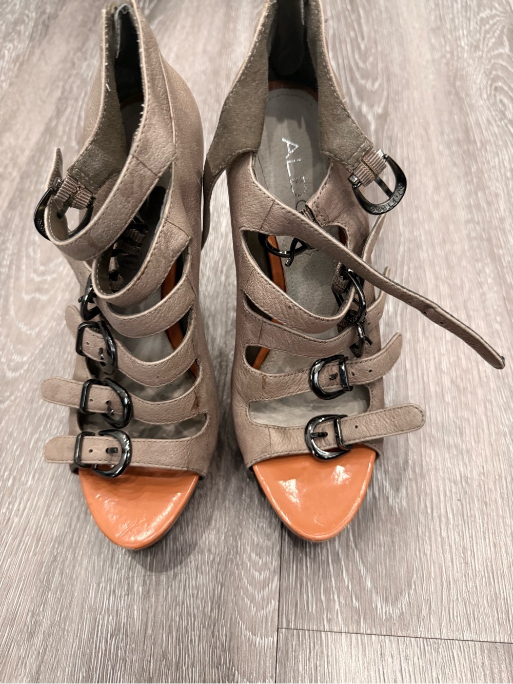 ALDO Taupe Strappy Peep-Toe Heels with Orange Toe